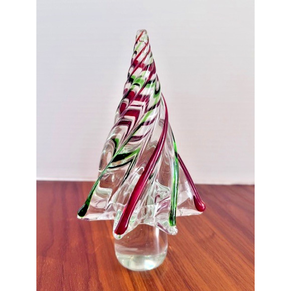 Blown Art Glass Christmas Tree ~ Clear Red & Green Swirl Twisted ~ 8” New - Picture 2 of 14